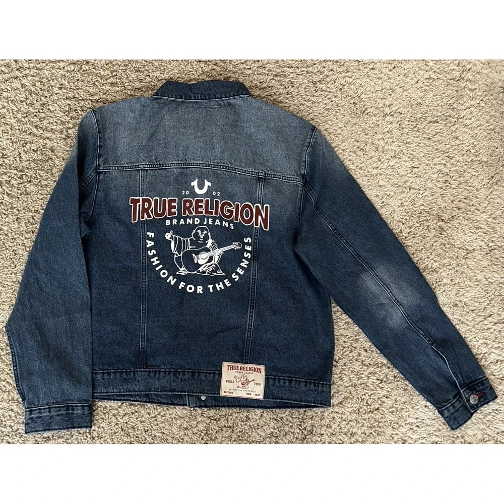 True Religion Jacket Mens Large Blue Quartz Wash Denim Red Stitching New w/Tags